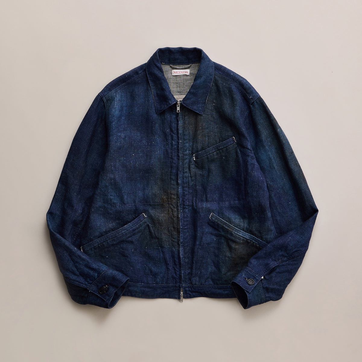 NICENESS PRINTED LINEN CANVAS SHORT JACKET "N.JETT" INDIGO