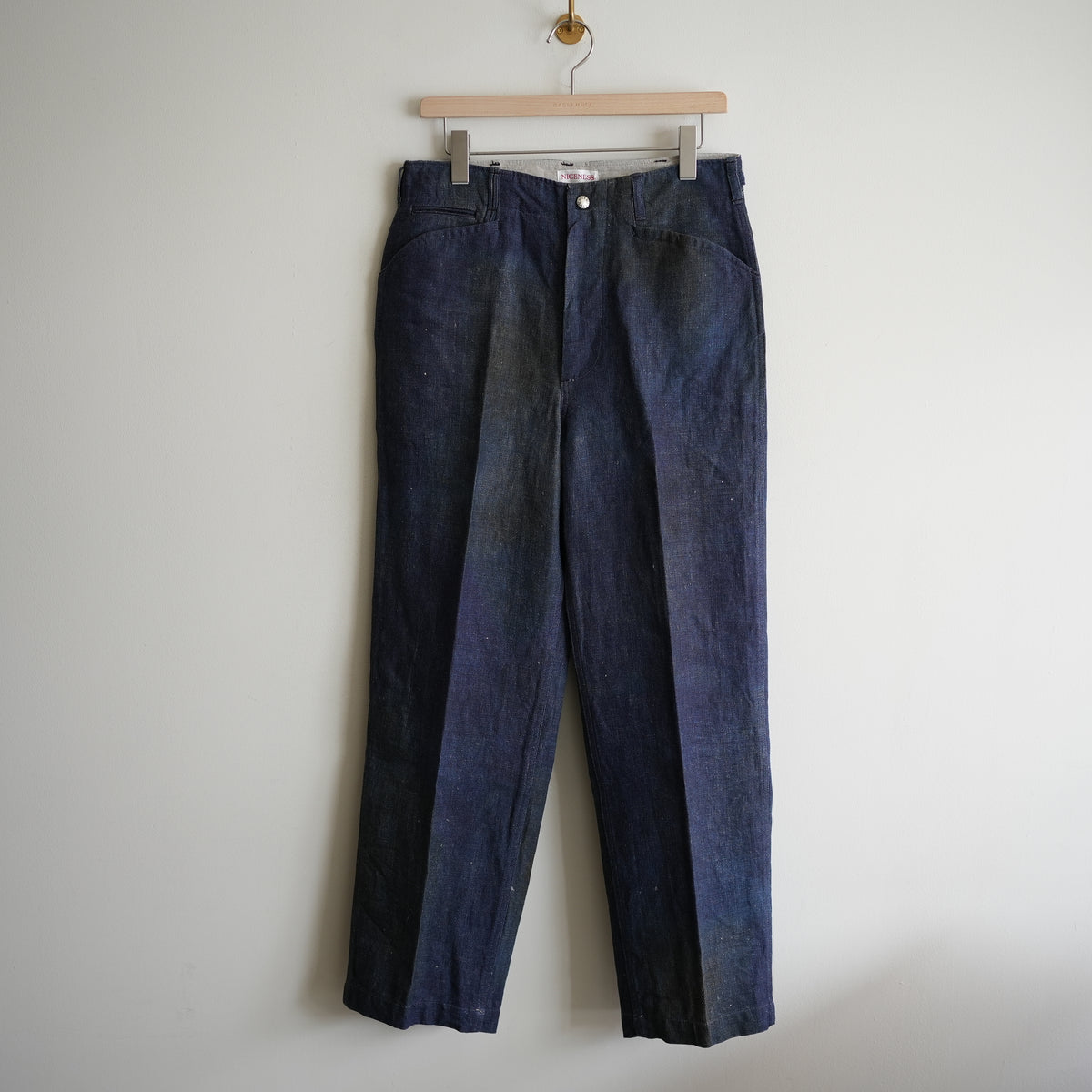 NICENESS PRINTED LINEN CANVAS FRISCO TROUSERS "N.MORLEY" INDIGO