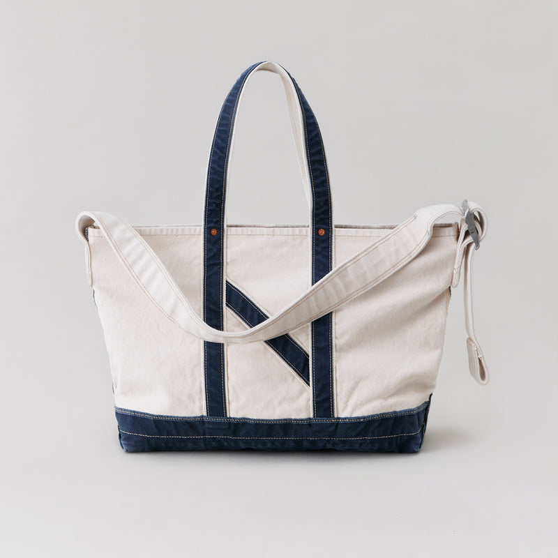 NICENESS AGED EFFECT CANVAS SHOULDER TOTE BAG "L.LESH" NAVY