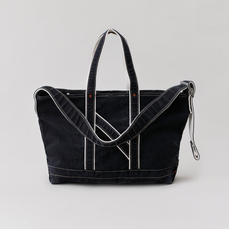 NICENESS AGED EFFECT CANVAS SHOULDER TOTE BAG "L.LESH" BLACK